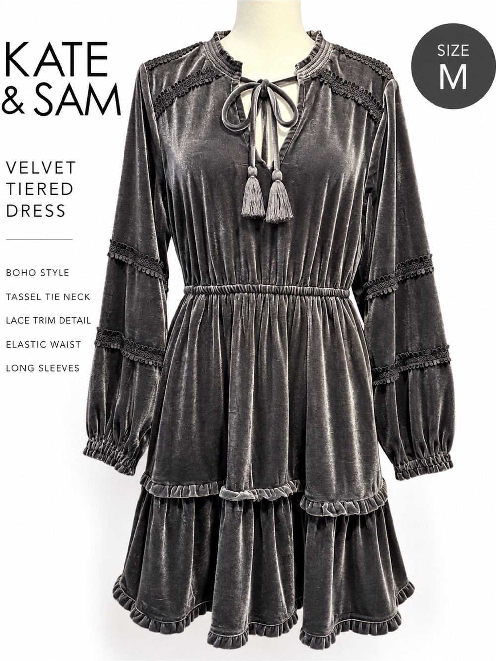 Charcoal Velvet Tiered Midi Dress with Tassel Neck